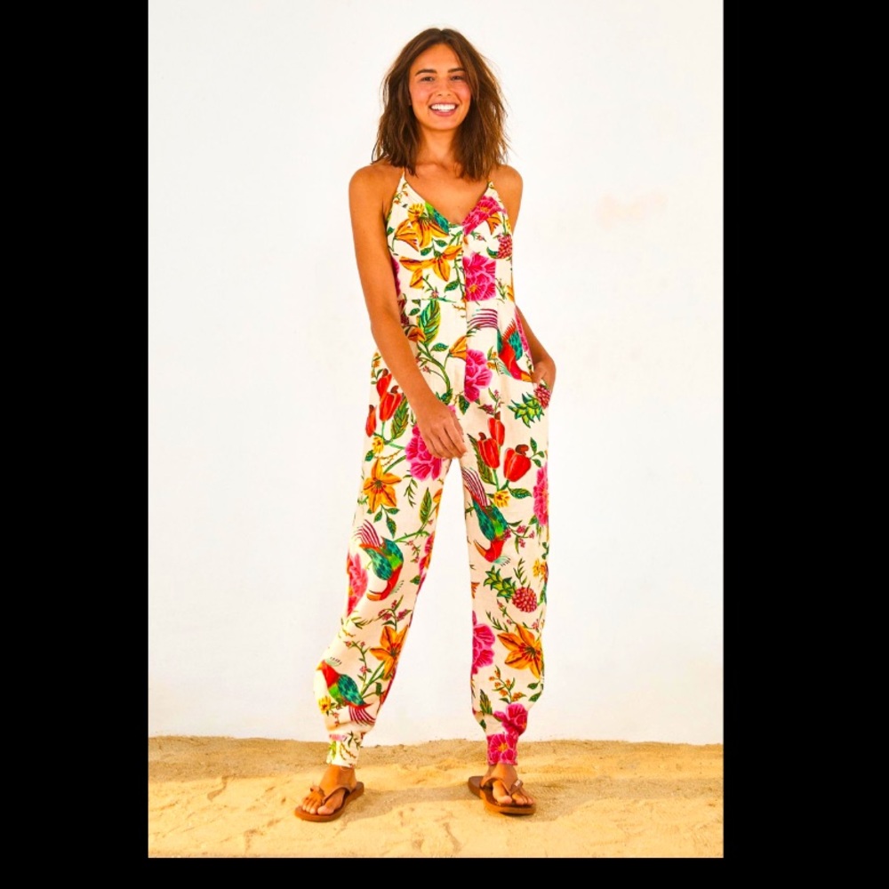 FARM RIO X ANTHROPOLOGIE FLORAL JUMPSUIT TOUCANS GARDEN HALTER